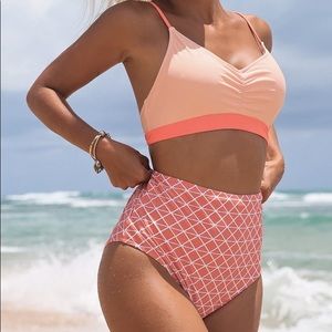 New corral and navy detailed high waist bikini